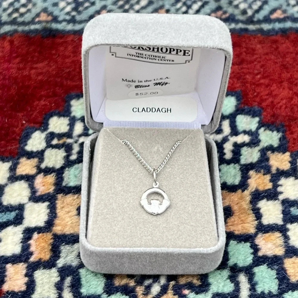 Claddagh Polished Sterling Silver Charm Necklace 18” Lite Stainless Curb Chain